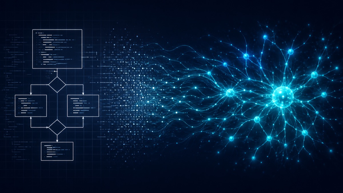 จาก Code สู่ความคิด: flowchart rule-based ทางซ้ายเปลี่ยนผ่านเป็น Neural Network ทางขวา — visualizing the journey from code to cognition