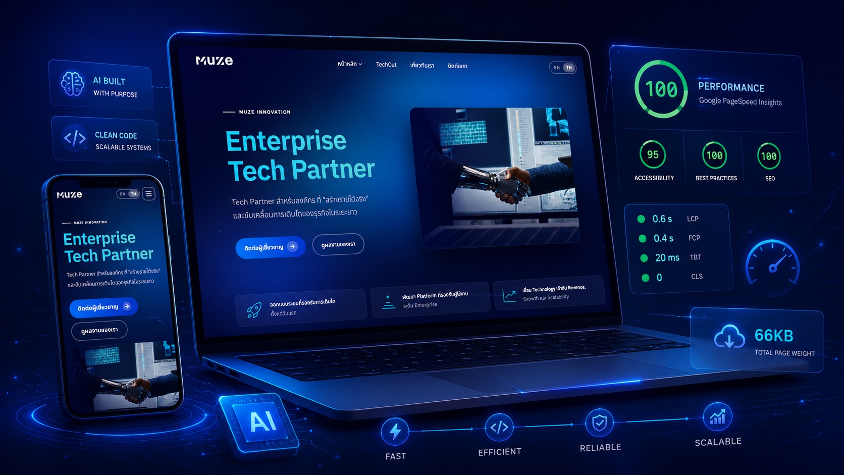 muze.co.th — Fast, Efficient, Reliable, Scalable · AI Built with Purpose · Performance 100 · 66KB