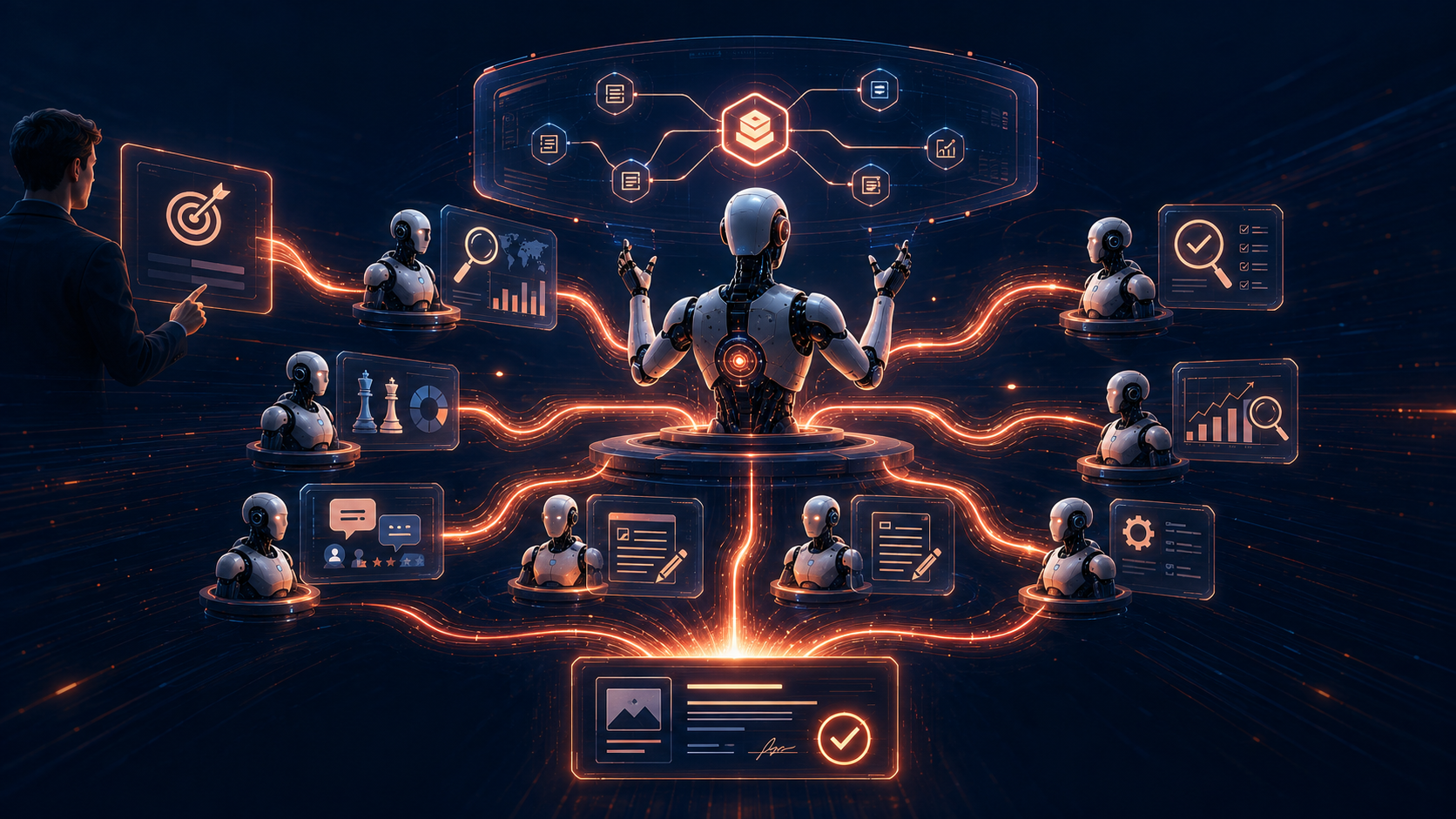 A human sets the goal — Fable 5 acts as Orchestrator, managing multiple agents working in parallel