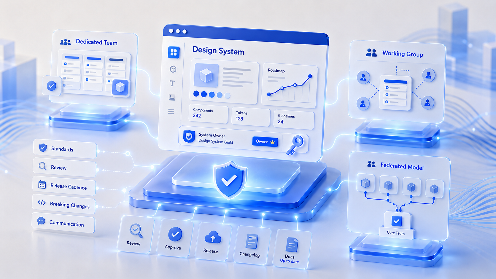 3 Design System ownership models: Dedicated Team, Working Group, Federated Model