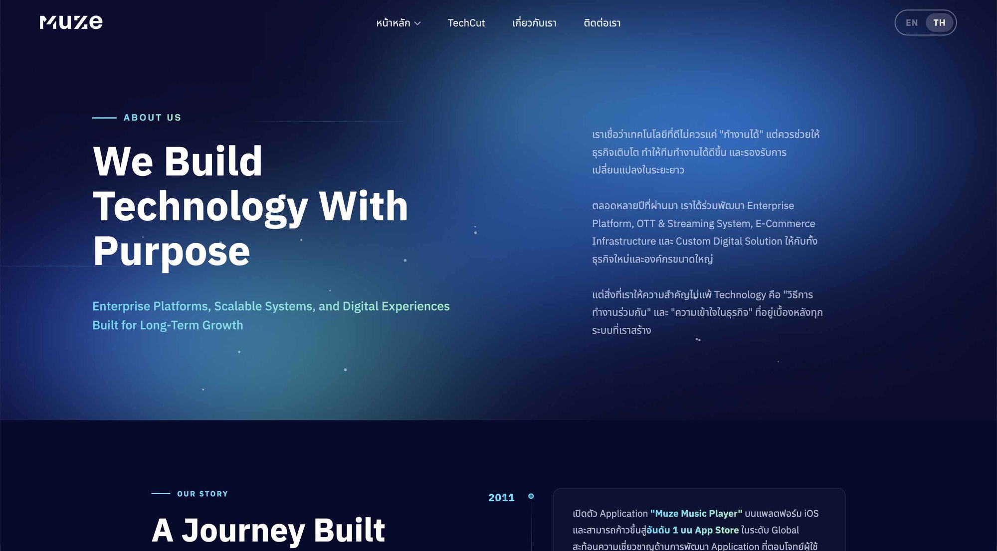 Muze Website — หน้าเกี่ยวกับเรา “We Build Technology With Purpose” สะท้อน positioning ที่ชัดเจนของ Muze ในฐานะ Enterprise Tech Partner